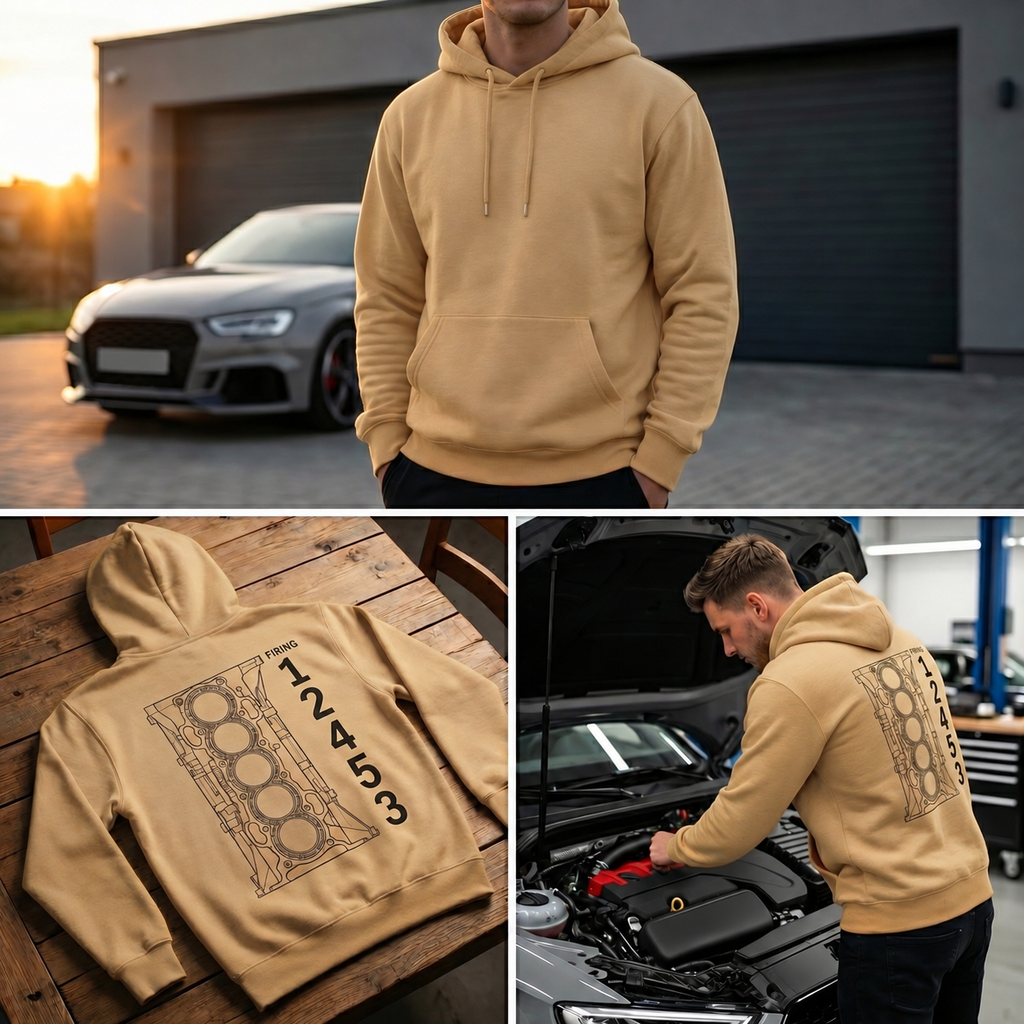 Beiger Fünfzylinder-Hoodie: Vorderseite ohne Aufdruck und Rückenmotiv mit Zündfolge 1-2-4-5-3
