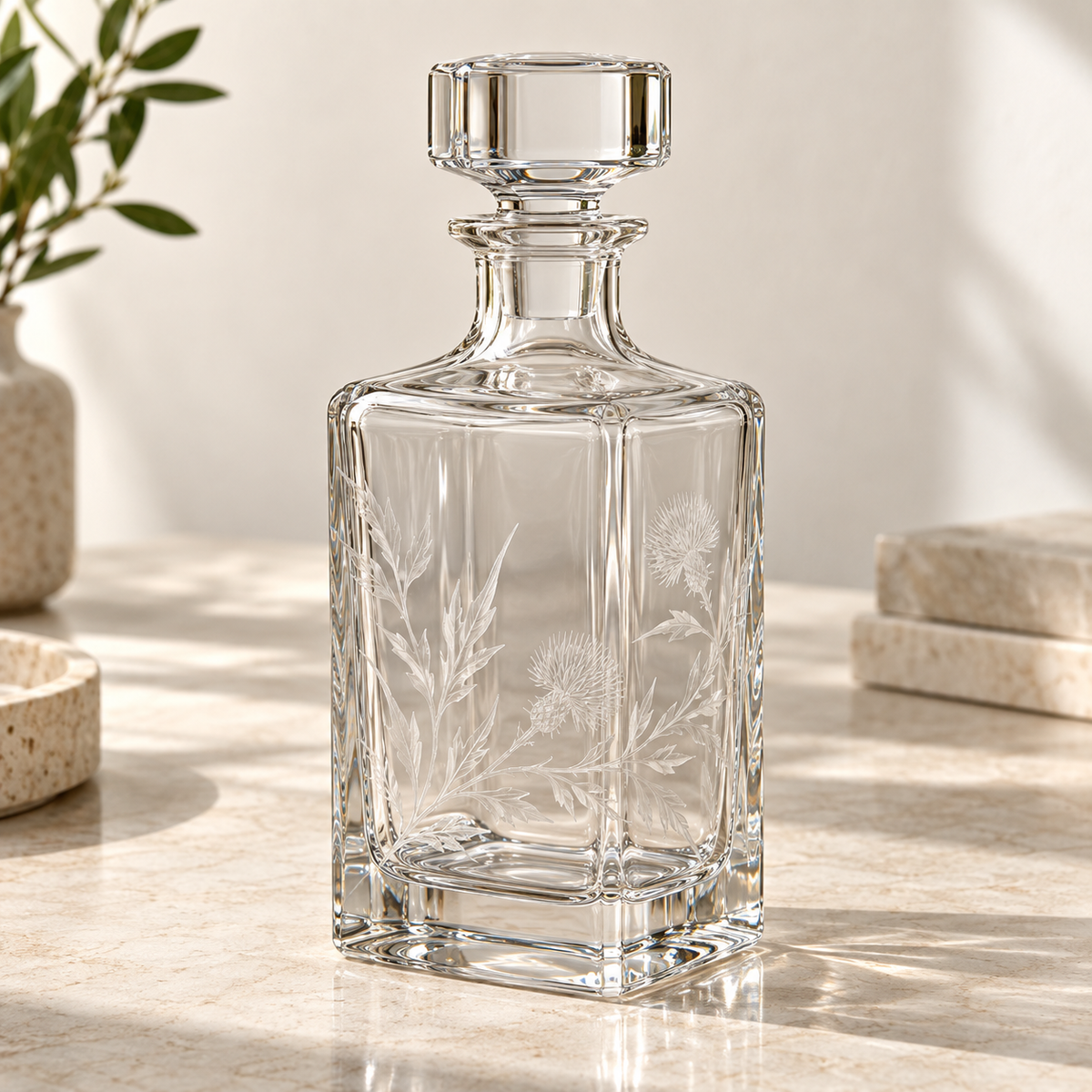KI-generierte Produktvisualisierung als Gestaltungsbeispiel: Whisky-Dekanter mit individueller Gravur