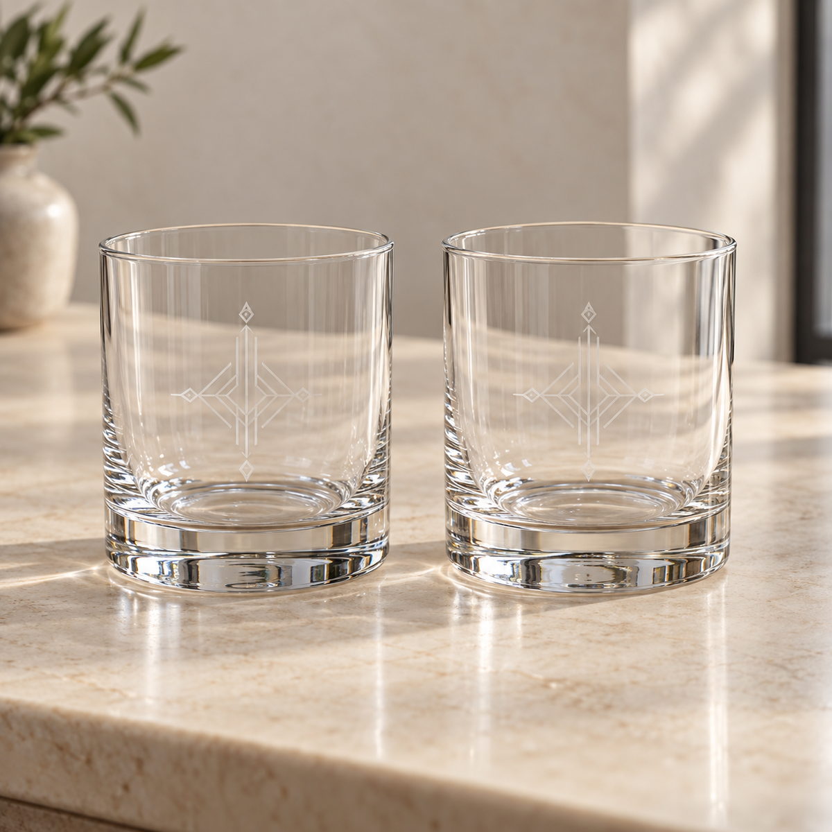 KI-generierte Produktvisualisierung als Gestaltungsbeispiel: Whiskygläser mit Gravur – 2er-Set