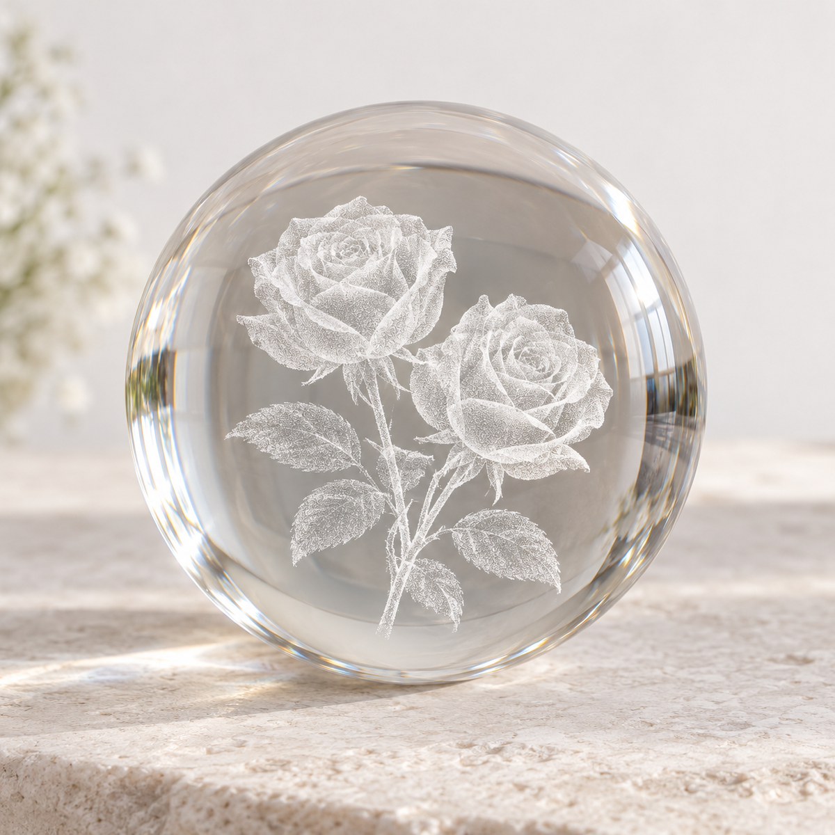 KI-generierte Produktvisualisierung als Gestaltungsbeispiel: Kristallkugel mit Rosenmotiv als Innengravur